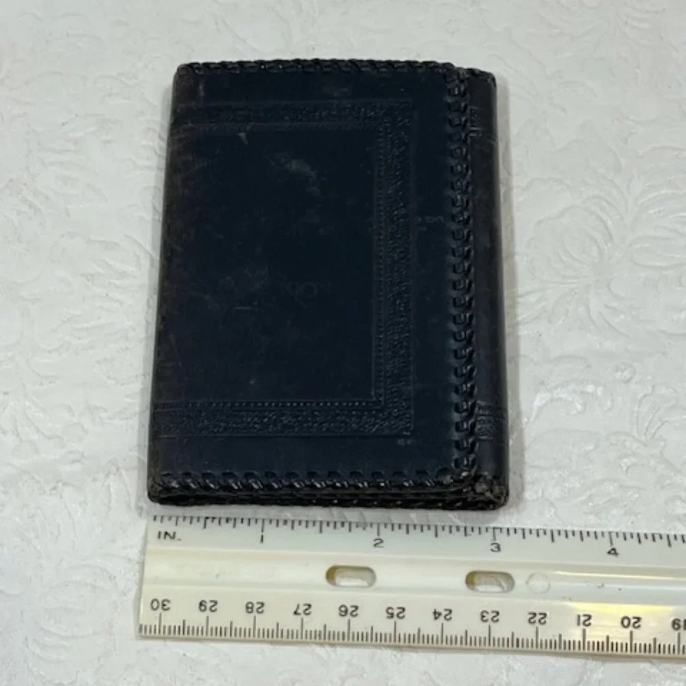 VTG Black Leather Trifold Tooled Stitched Wallet